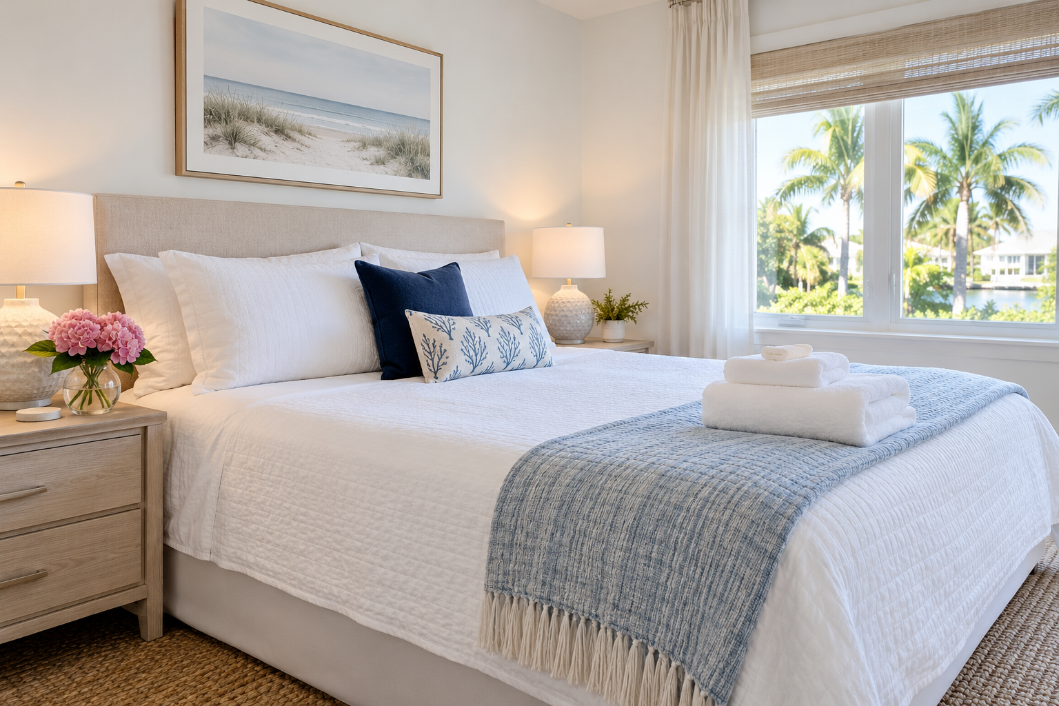 Vacation rental bedroom, generated illustrative image